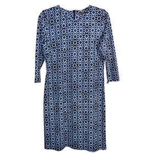 J.McLaughlin Blue Tile Print Dress Size M | Catalina Cloth 3/4 Sleeve Shift